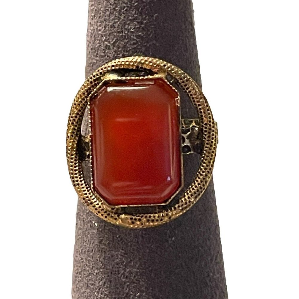 Vintage West Germany Twisted Braided Brass Red Lucite Ring Adjustable Round